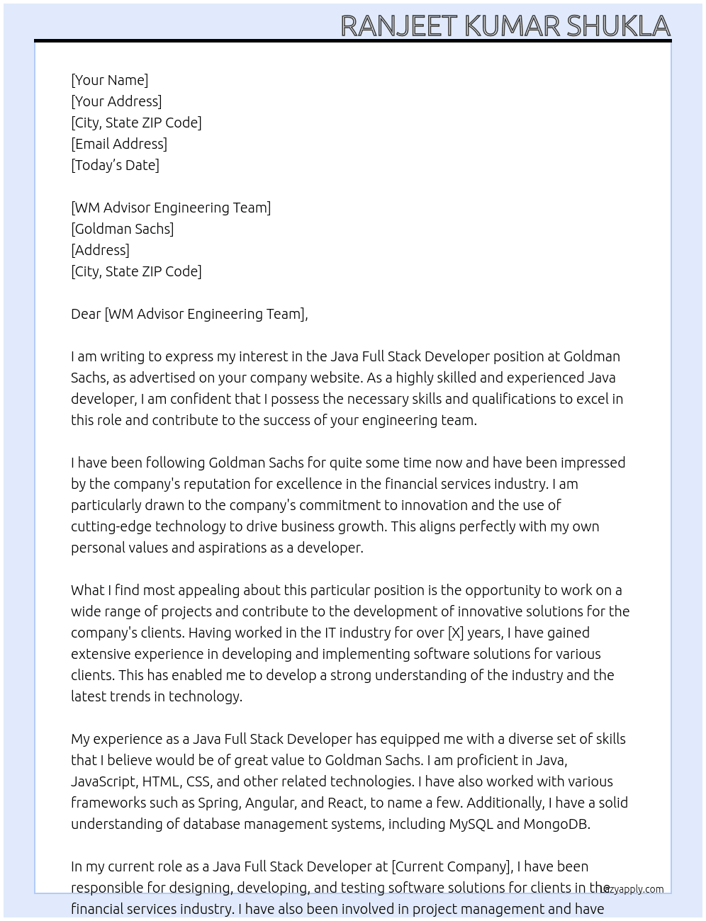 Java Full Stack Developer At Goldman Sachs Cover Letter