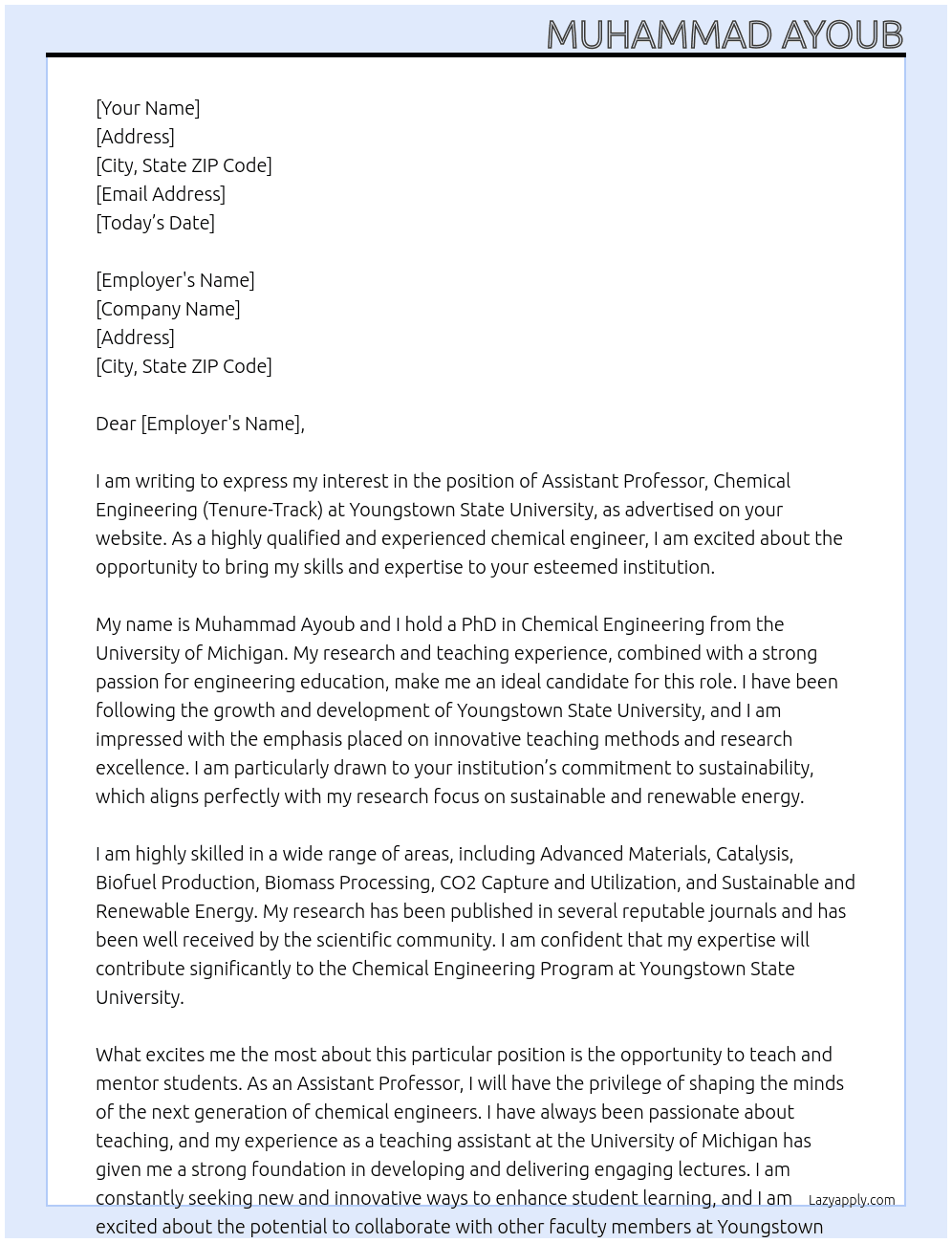 Assistant Professor, Chemical Engineering (Tenure-Track) At Youngstown State University Cover Letter
