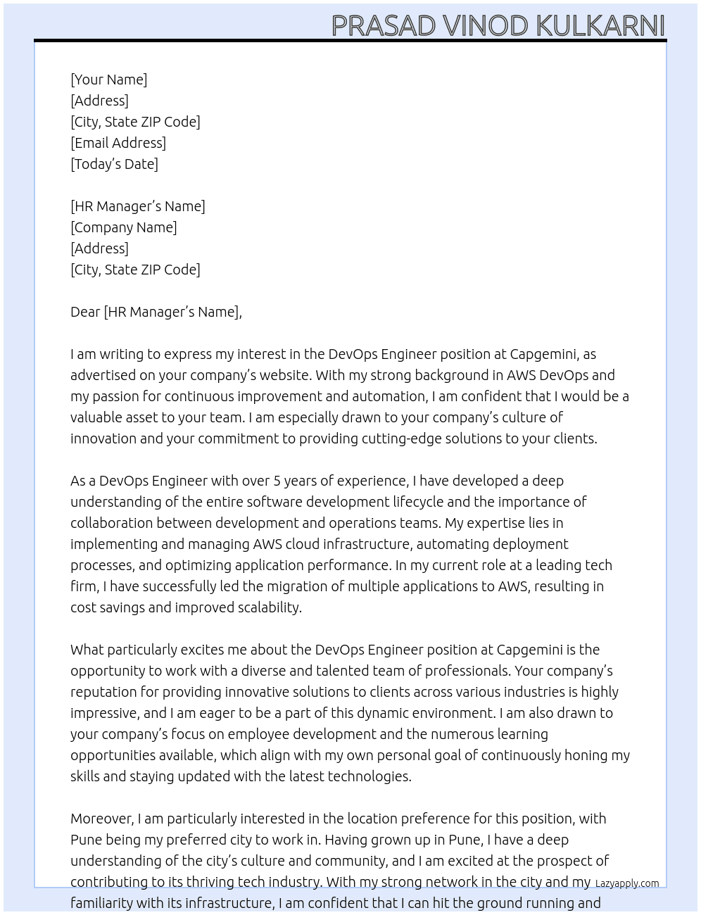 devops engineer At capgemini Cover Letter