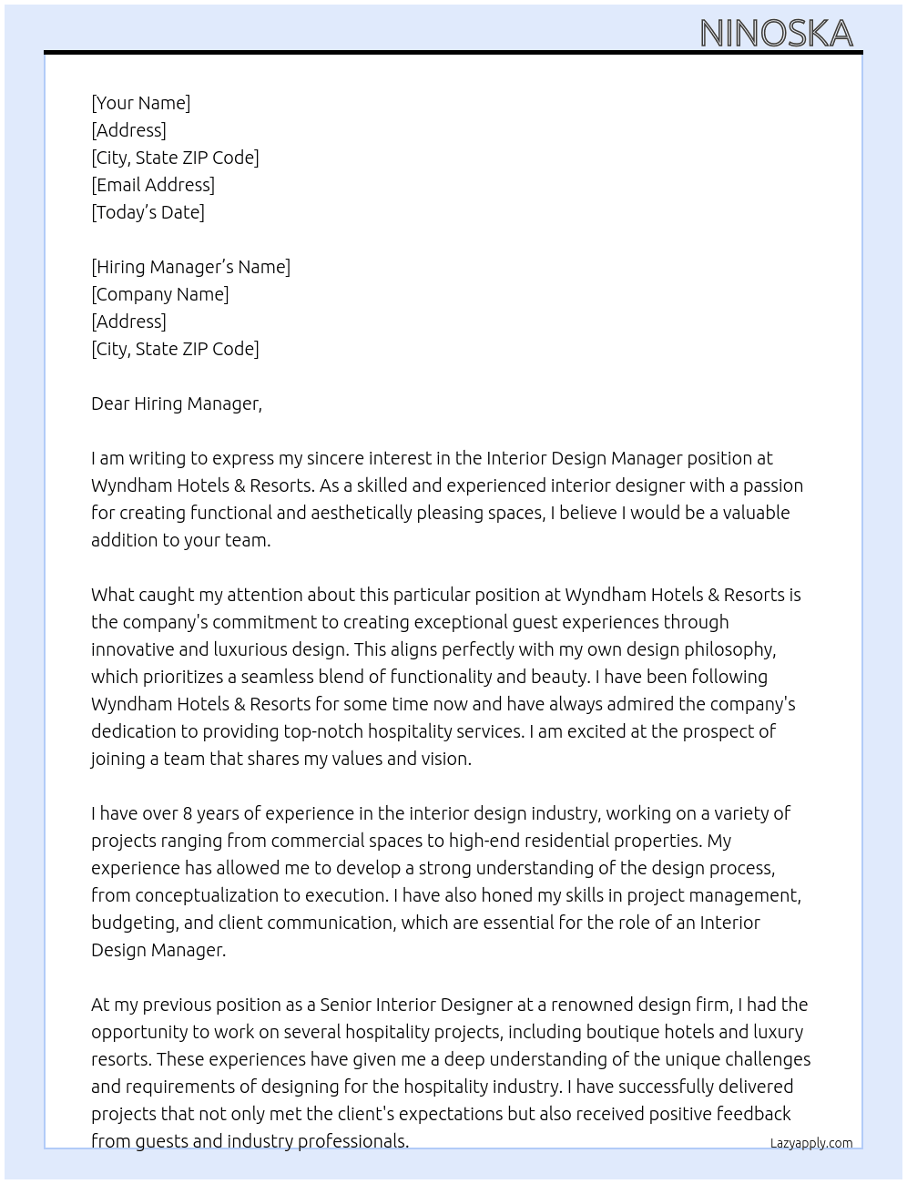 Interior Design Manager At Wyndham Hotels & Resorts Cover Letter