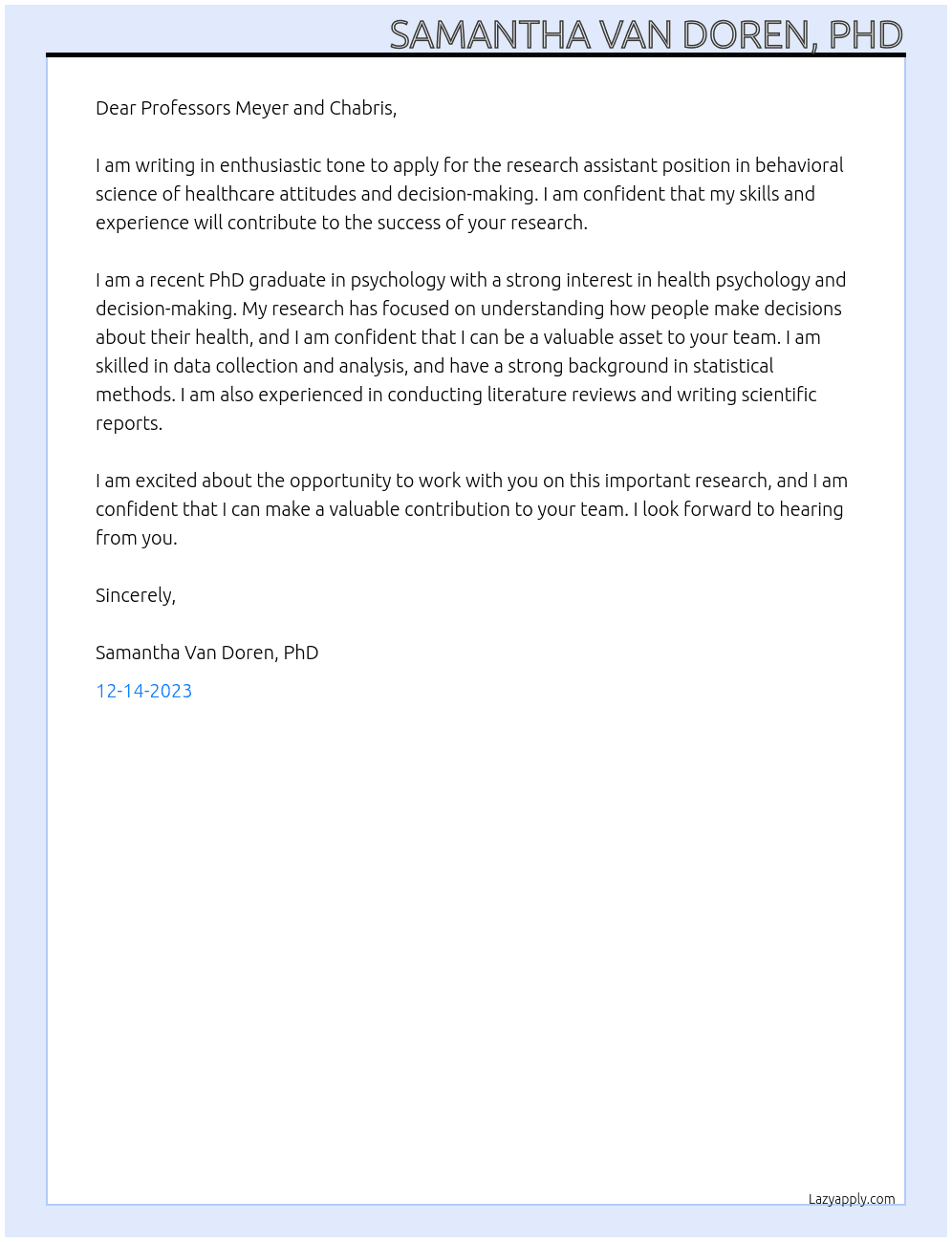 Research Assistant Position in Behavioral Science of Healthcare Attitudes and Decision-Making At Geisinger Cover Letter