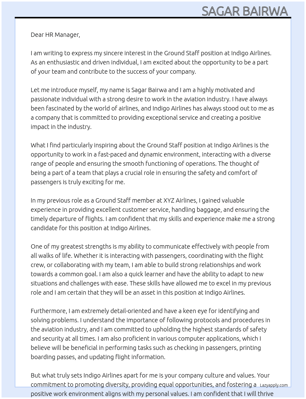 Ground staff  At Indigo air lines Cover Letter