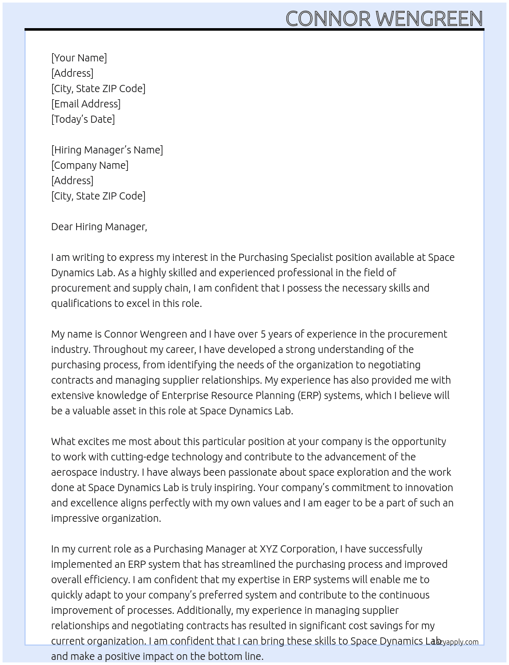 Purchasing Specialist At Space Dynamics Lab Cover Letter