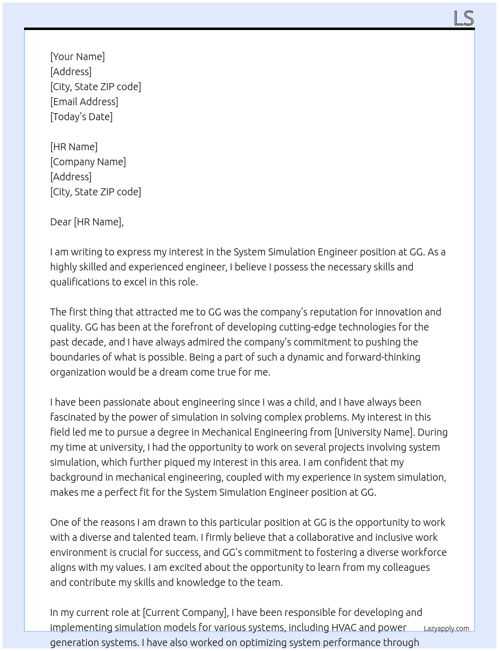 system simulation engineer At GG Cover Letter