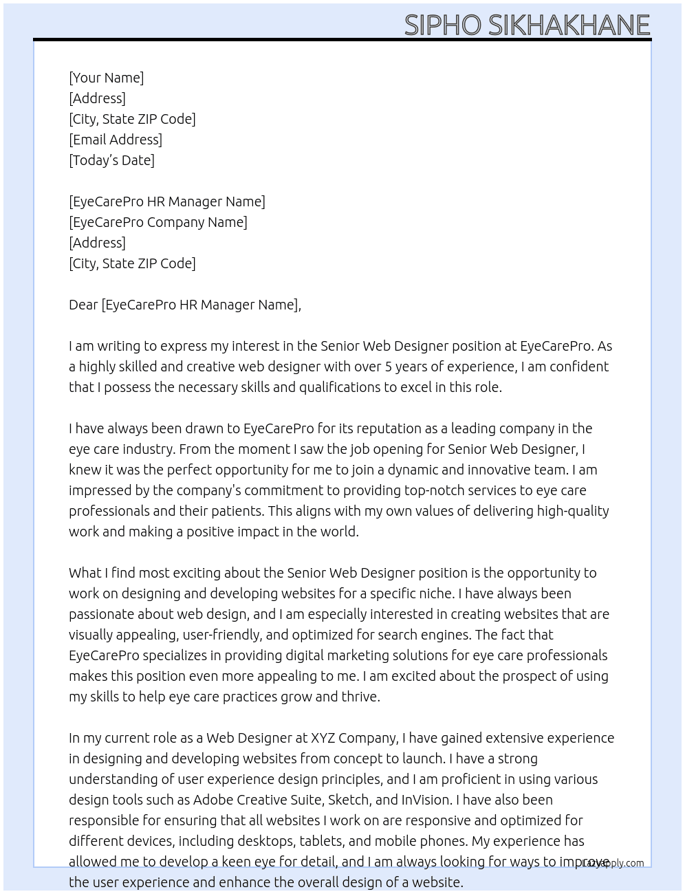Senior Web Designer At EyeCarePro Cover Letter