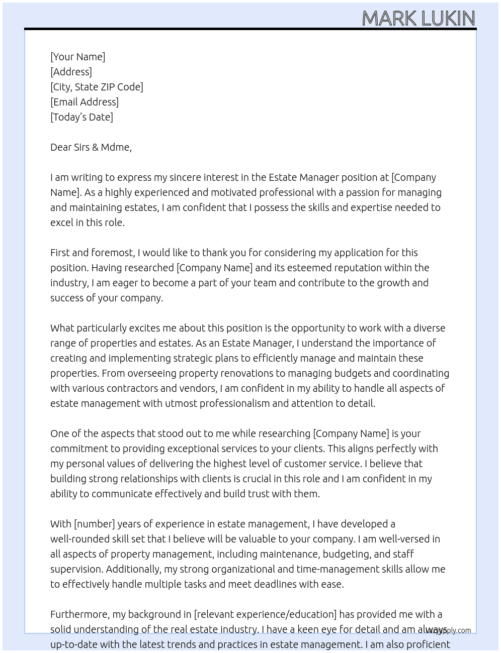 Estate Manager At Estate Manager Cover Letter
