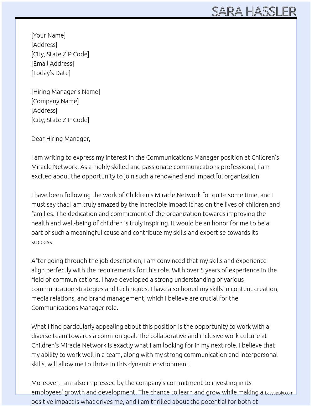 Communications Manager At Children's Miracle Network Cover Letter