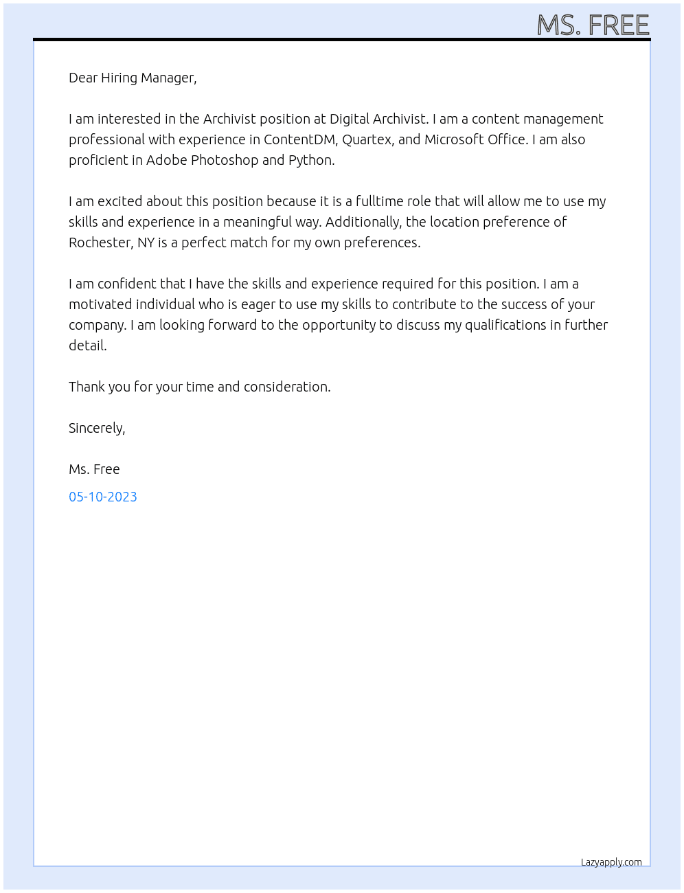 Archivist At Digital Archivist Cover Letter