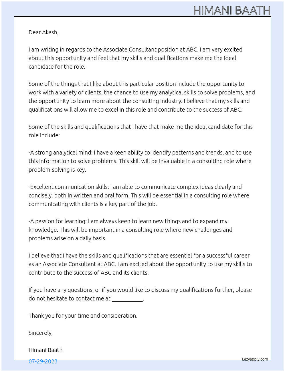Associate Consultant At ABC Cover Letter