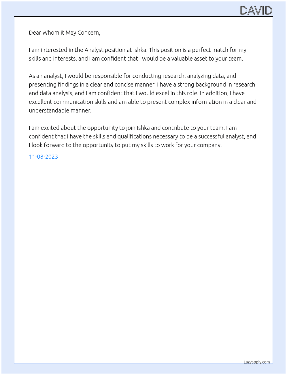 Analyst At Ishka Cover Letter