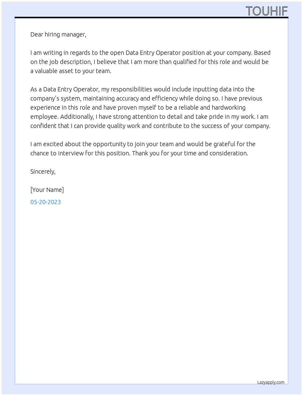 Data entry oparator At touhid Cover Letter