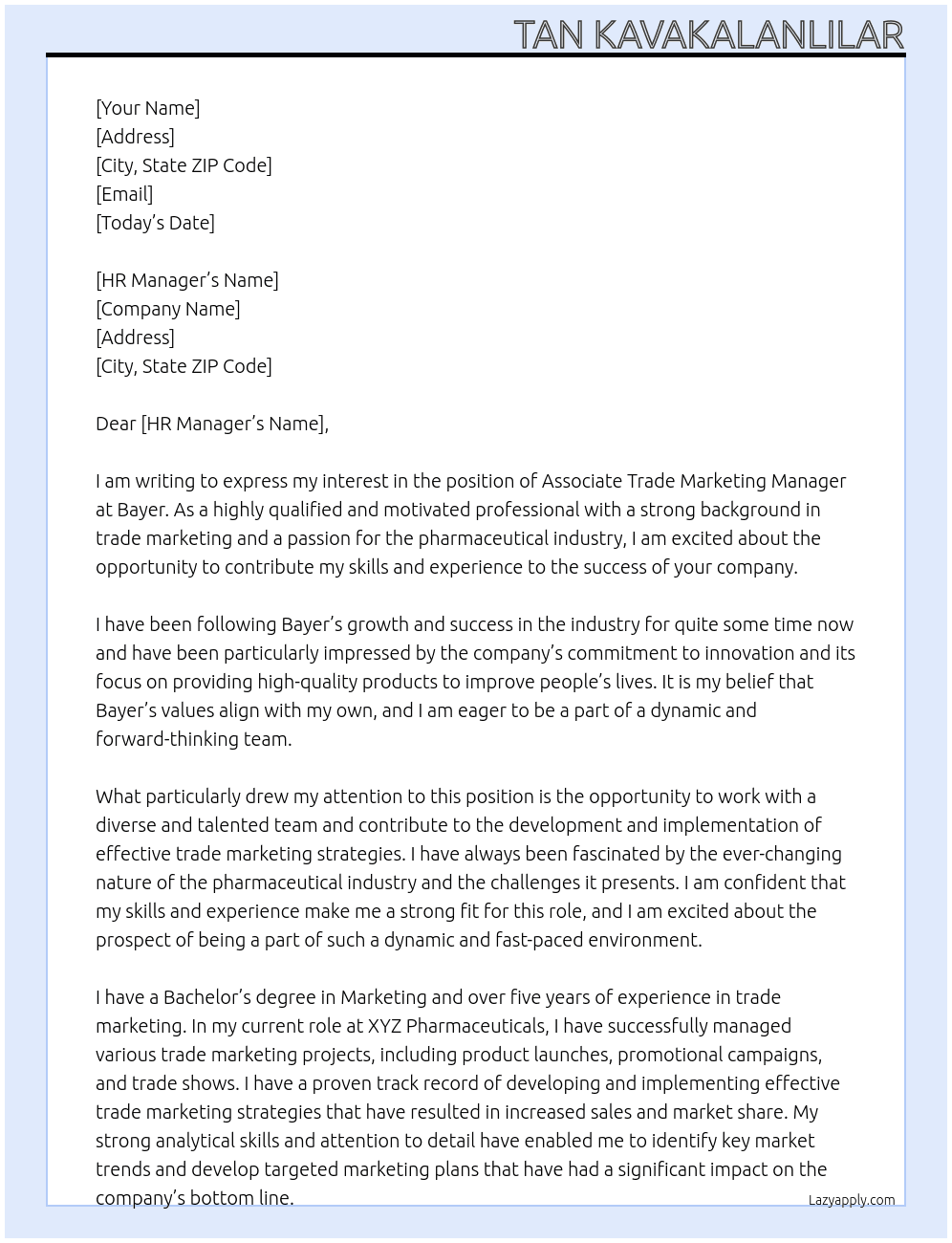 Associate Trade Marketing Manager At Bayer Cover Letter