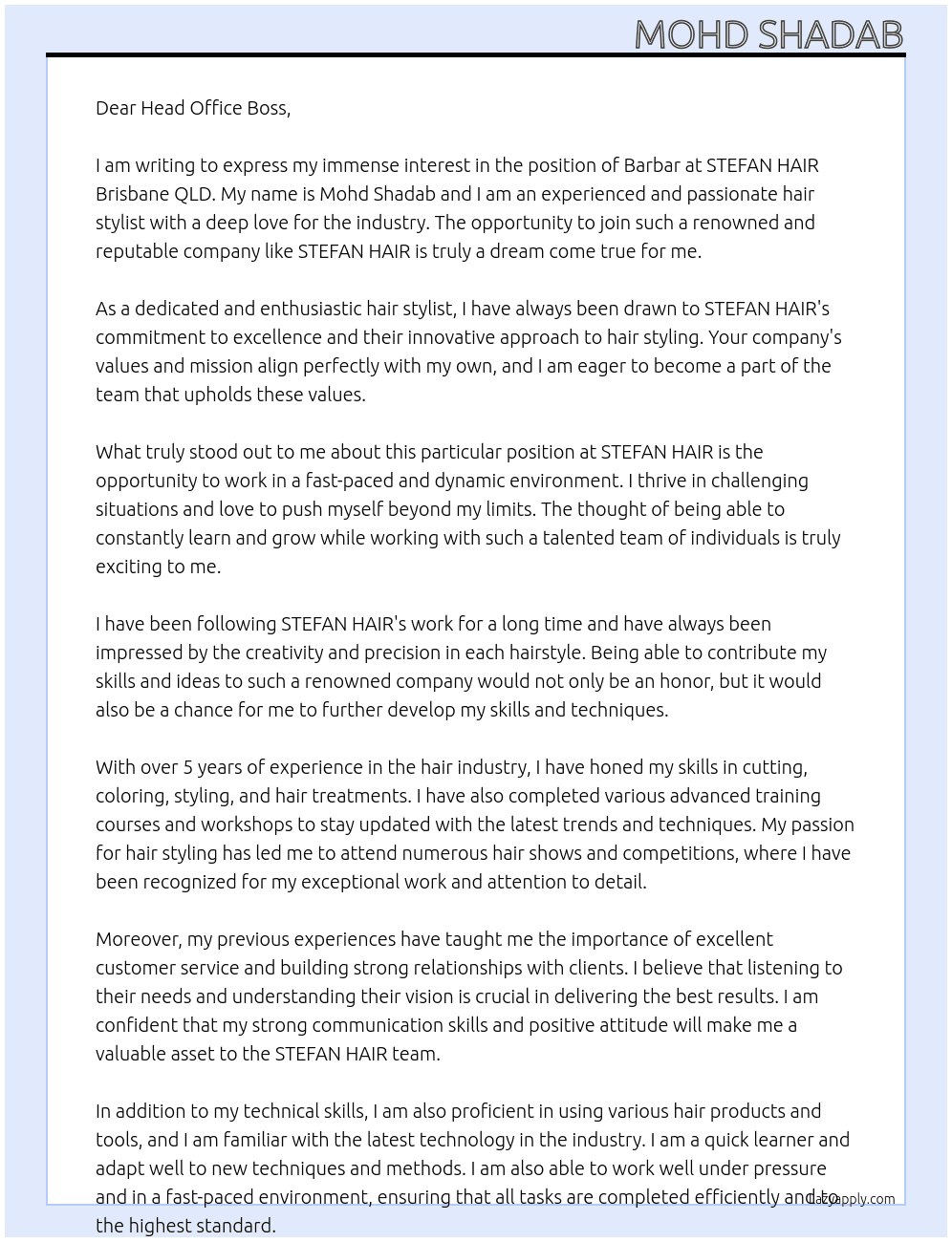 barbar  At  STEFAN HAIR Brisbane QLD Cover Letter