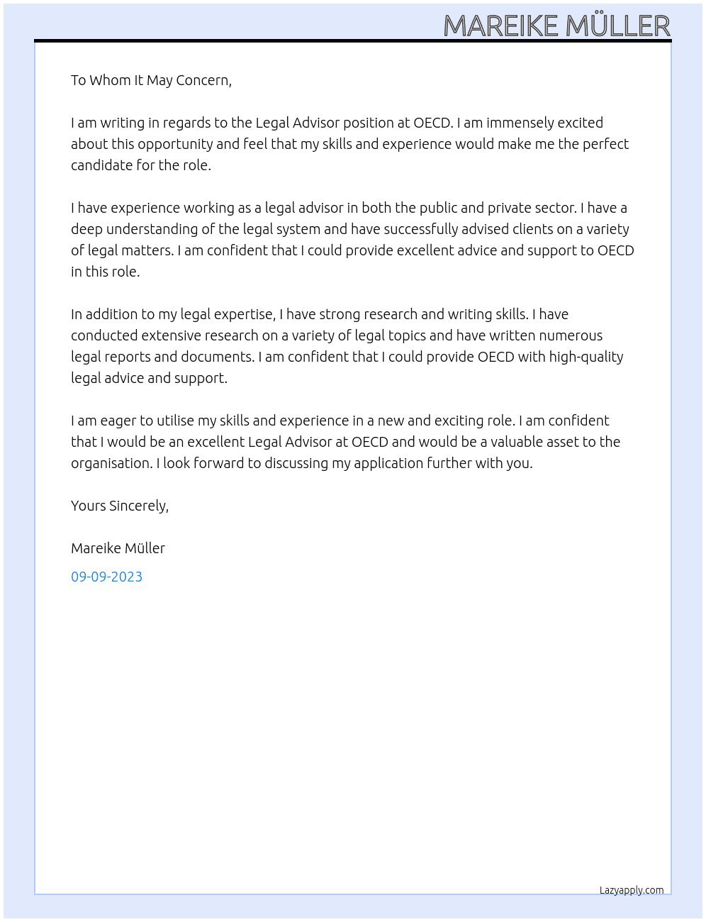 Legal advisor  At OECD Cover Letter