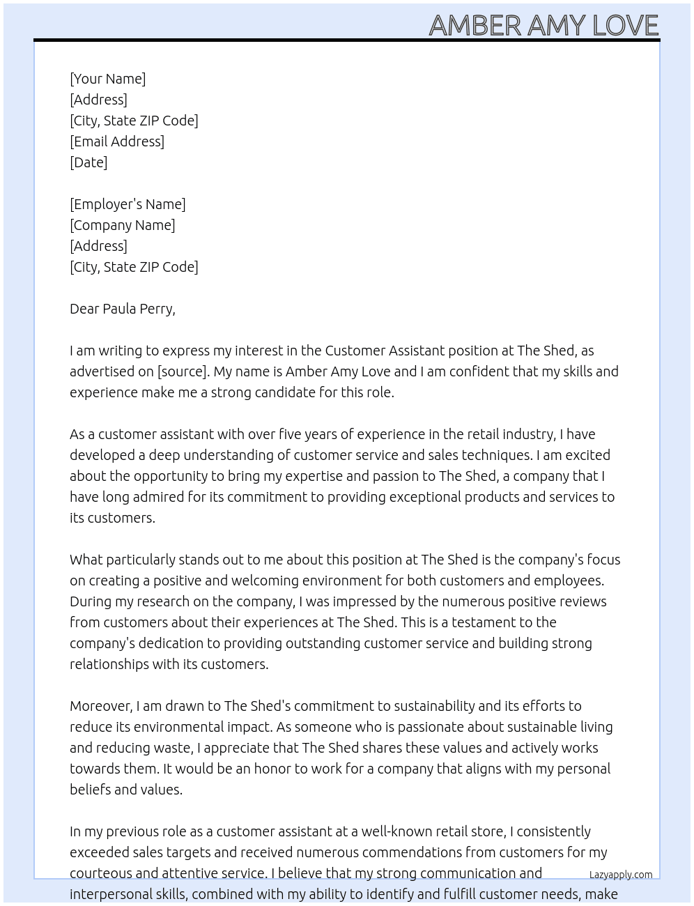 Customer Assistant At The Shed Cover Letter