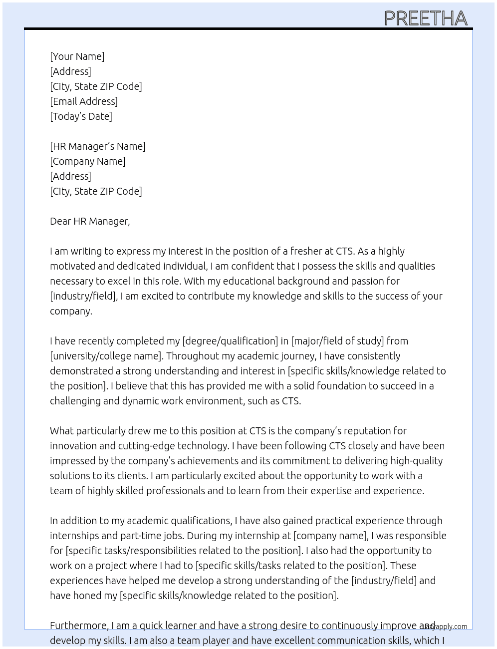 fresher At CTS Cover Letter