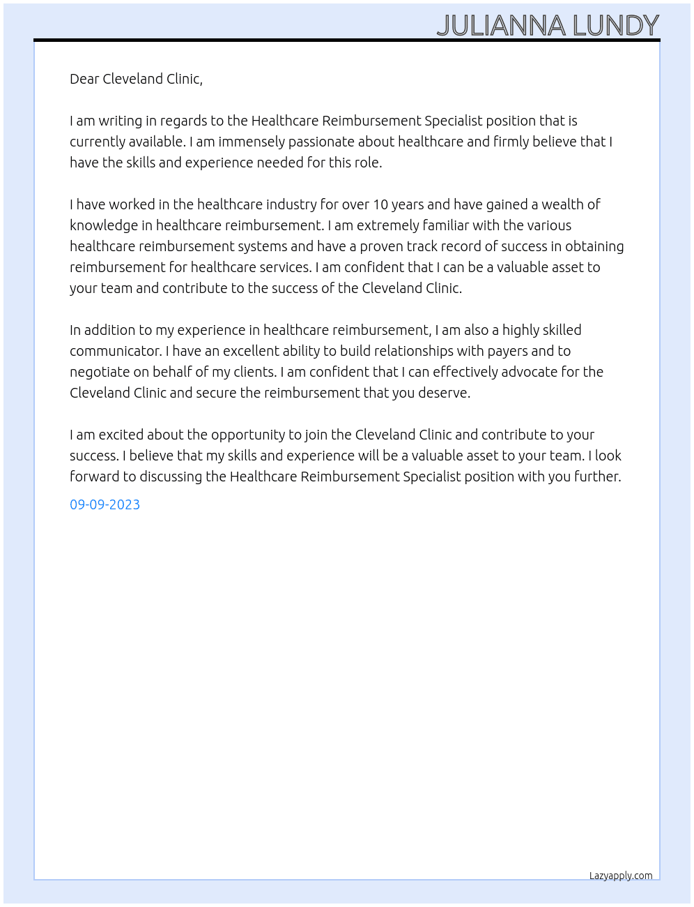 Healthcare Reimbursement Specialist At Cleveland Clinic Cover Letter