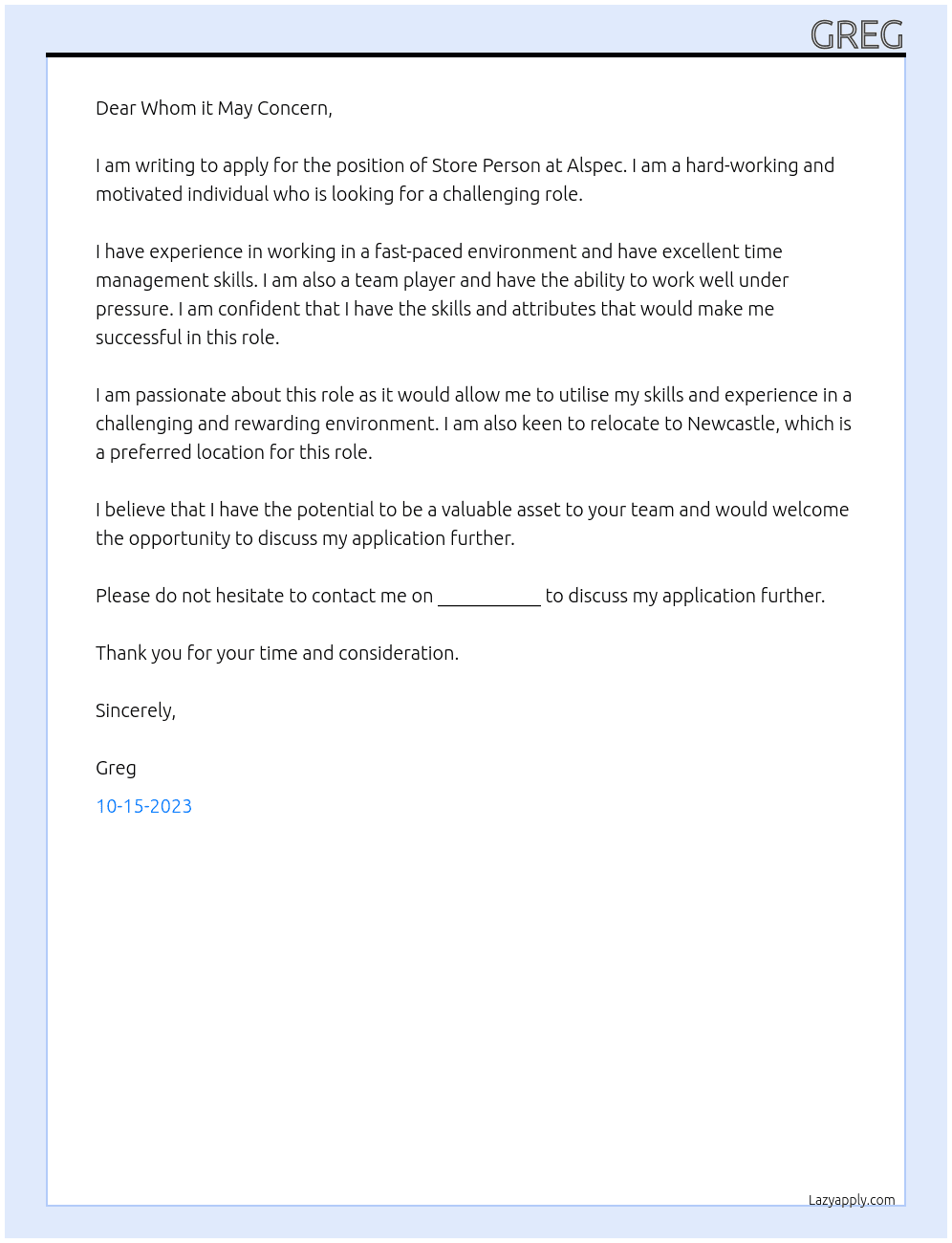Store Person At Alspec Cover Letter