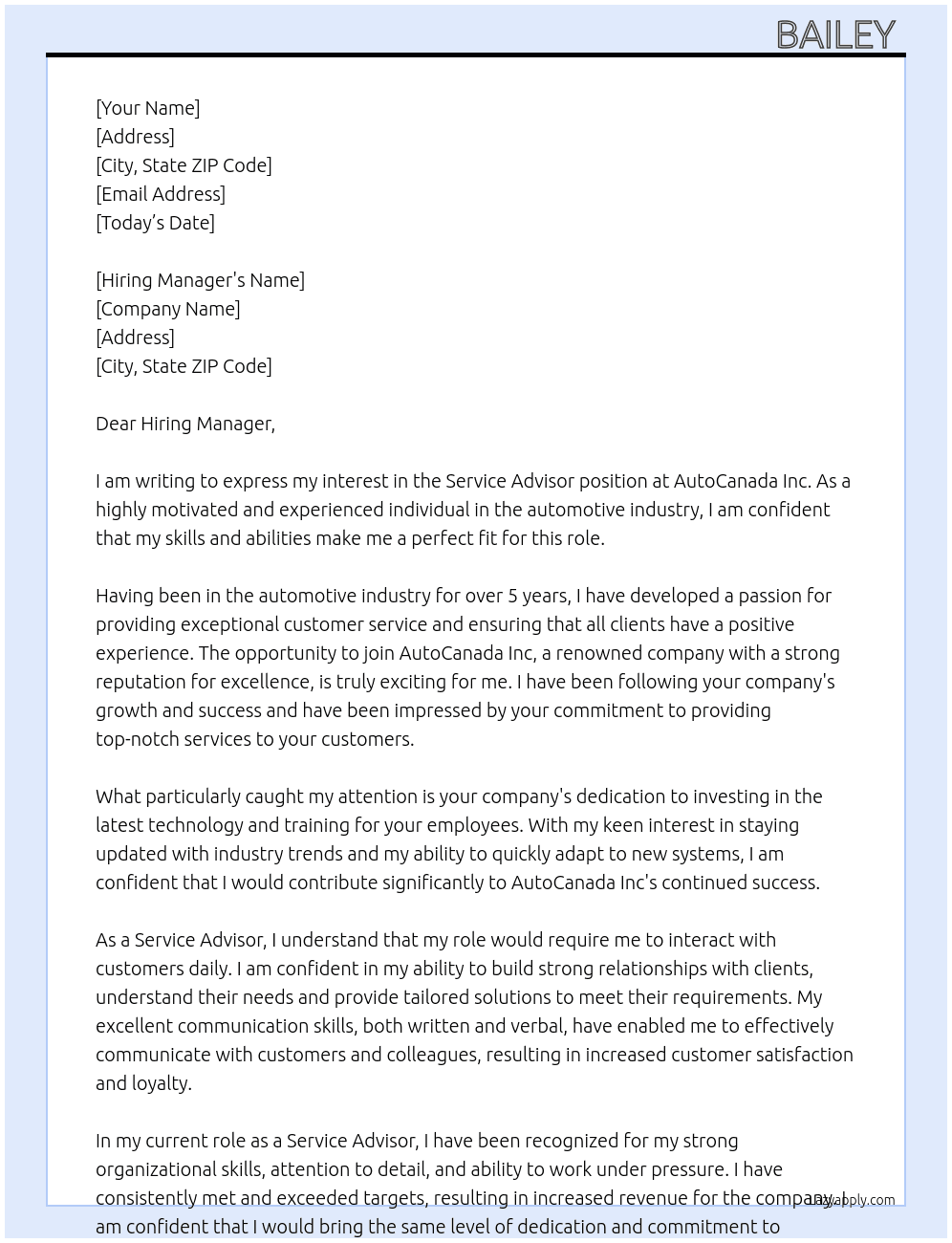 Service Advisor At AutoCanada Inc Cover Letter
