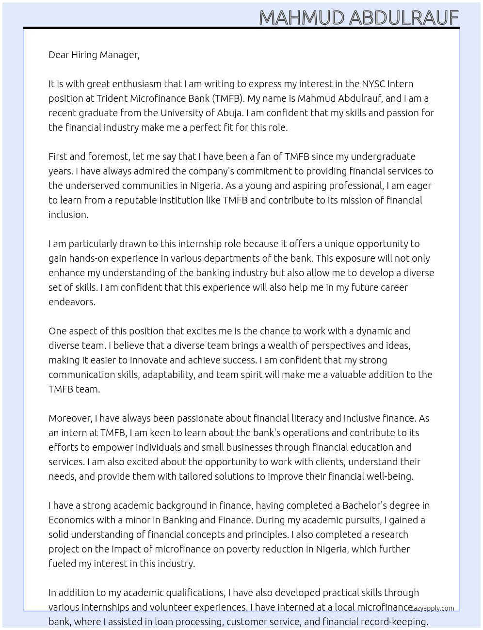 NYSC INTERN At Trident Microfinance Bank (TMFB) Cover Letter