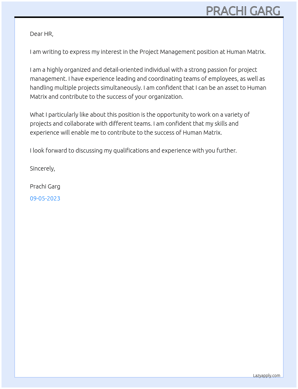 project management  At Human Matrix Cover Letter