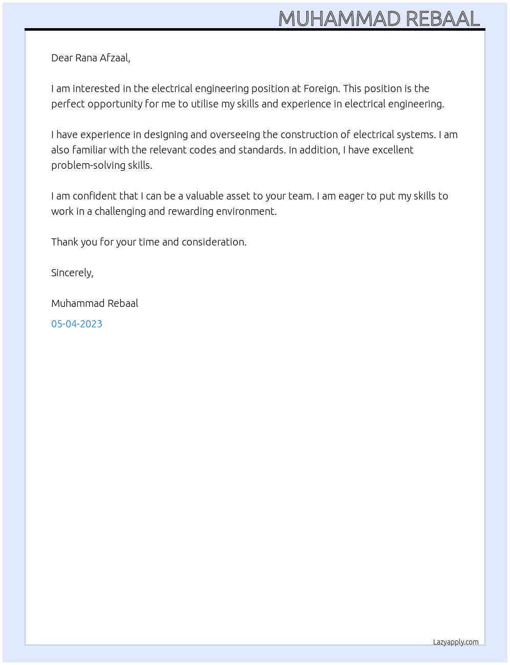 Electrical Engineering  At Foreign  Cover Letter
