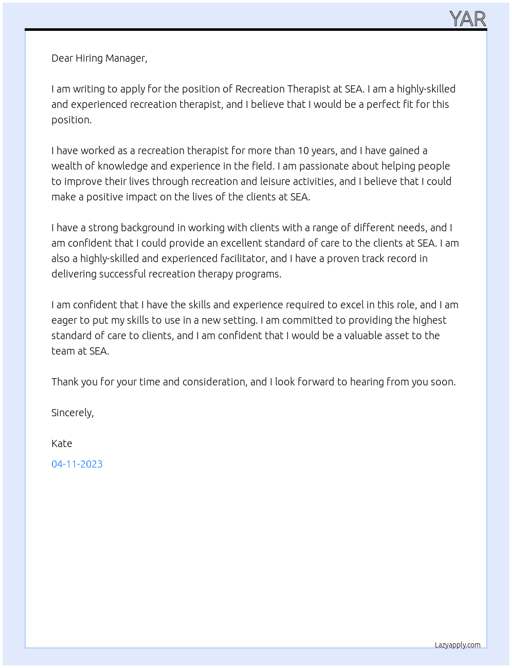 Recreation Therapist  At SEA: Cover Letter