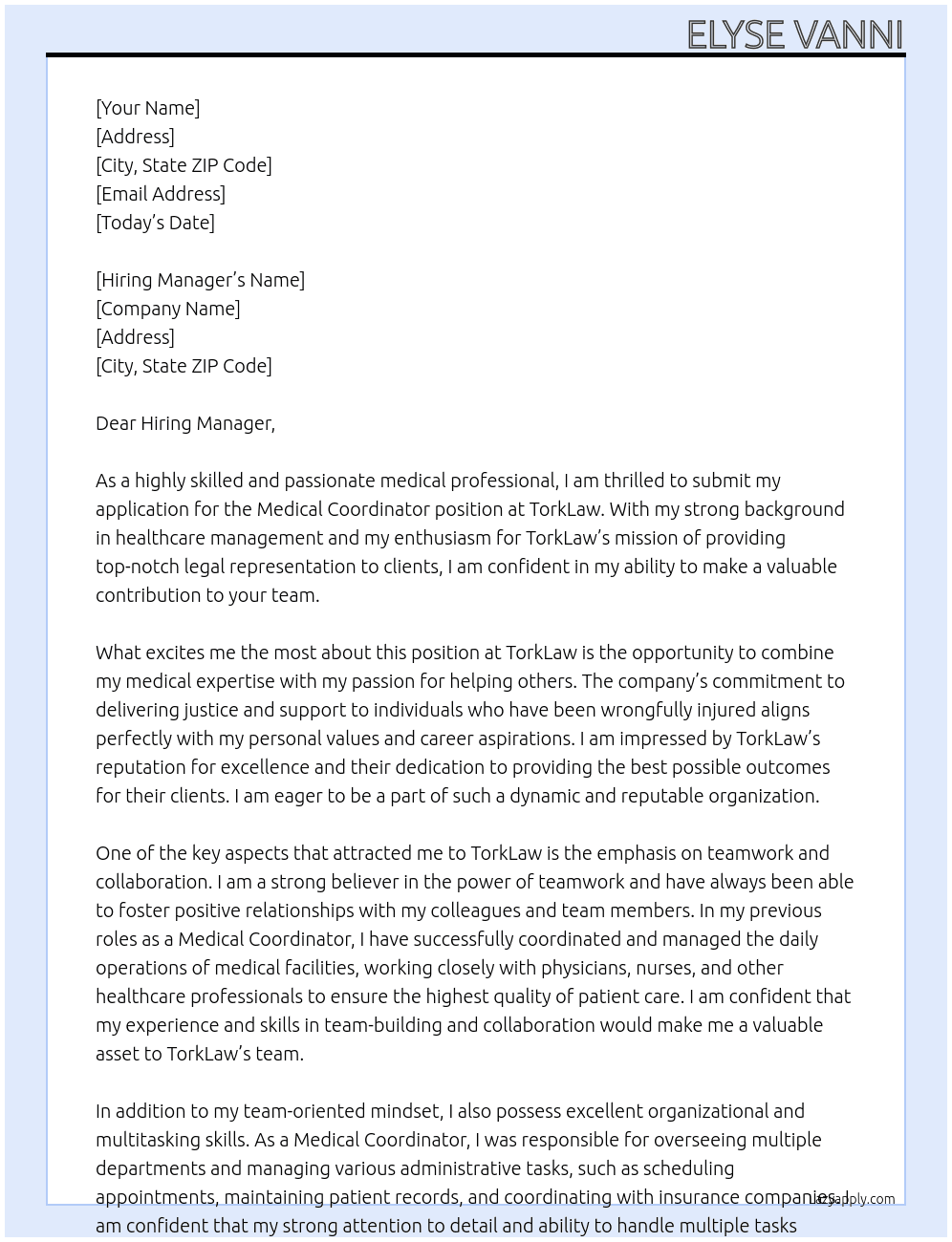 Medical Coordinator At TorkLaw Cover Letter