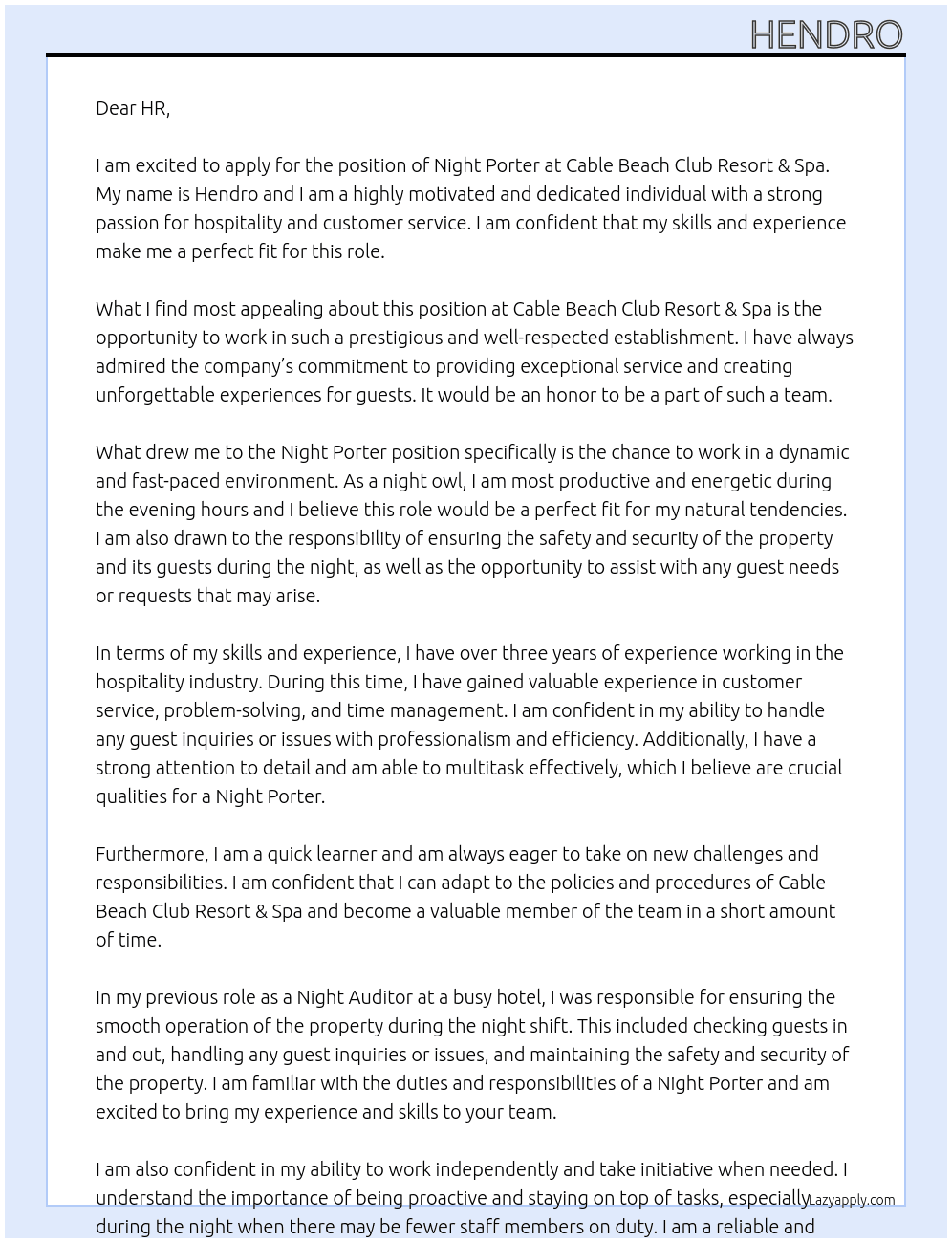 Night Porter At Cable Beach Club Resort & Spa Cover Letter