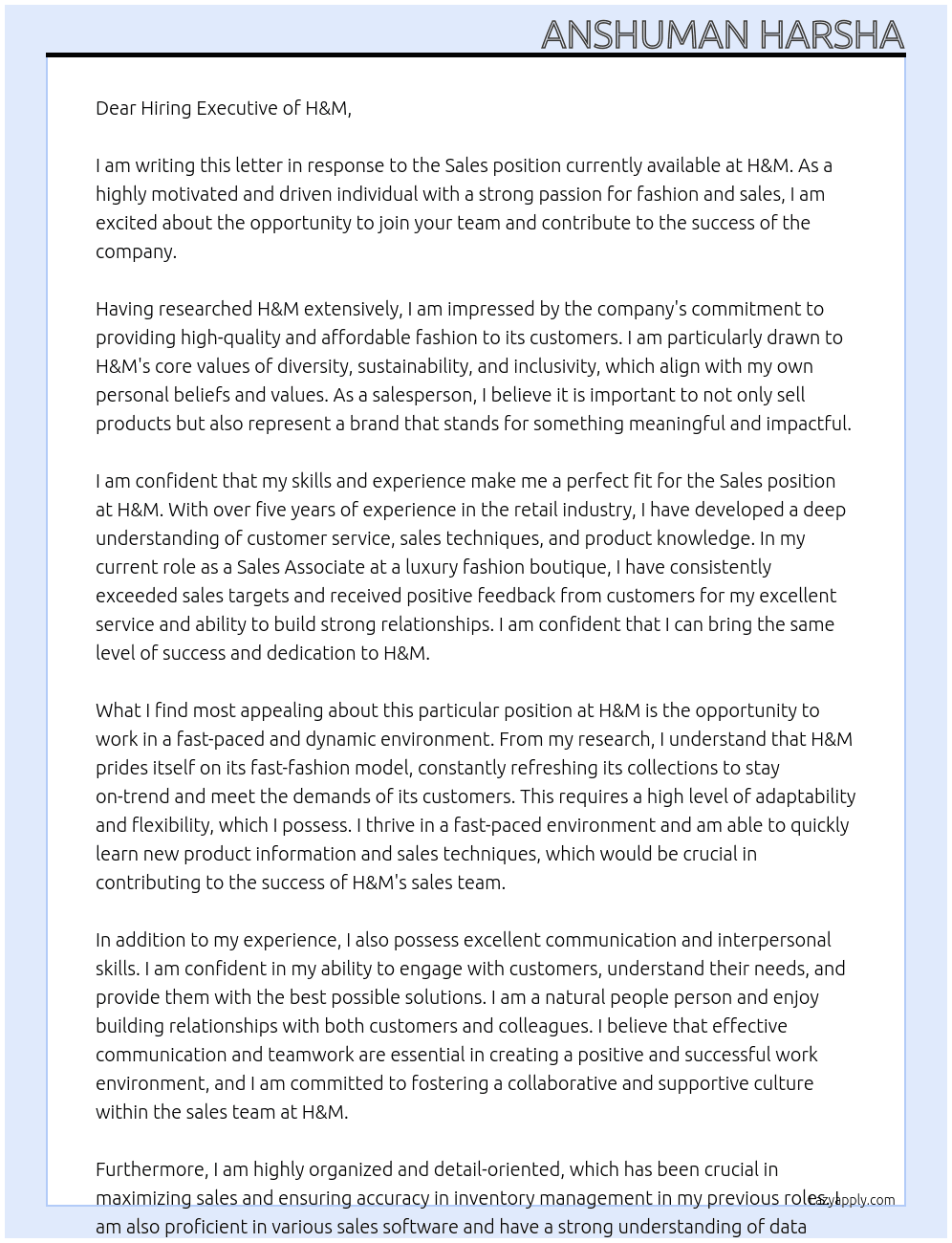 Sales  At H&M Cover Letter