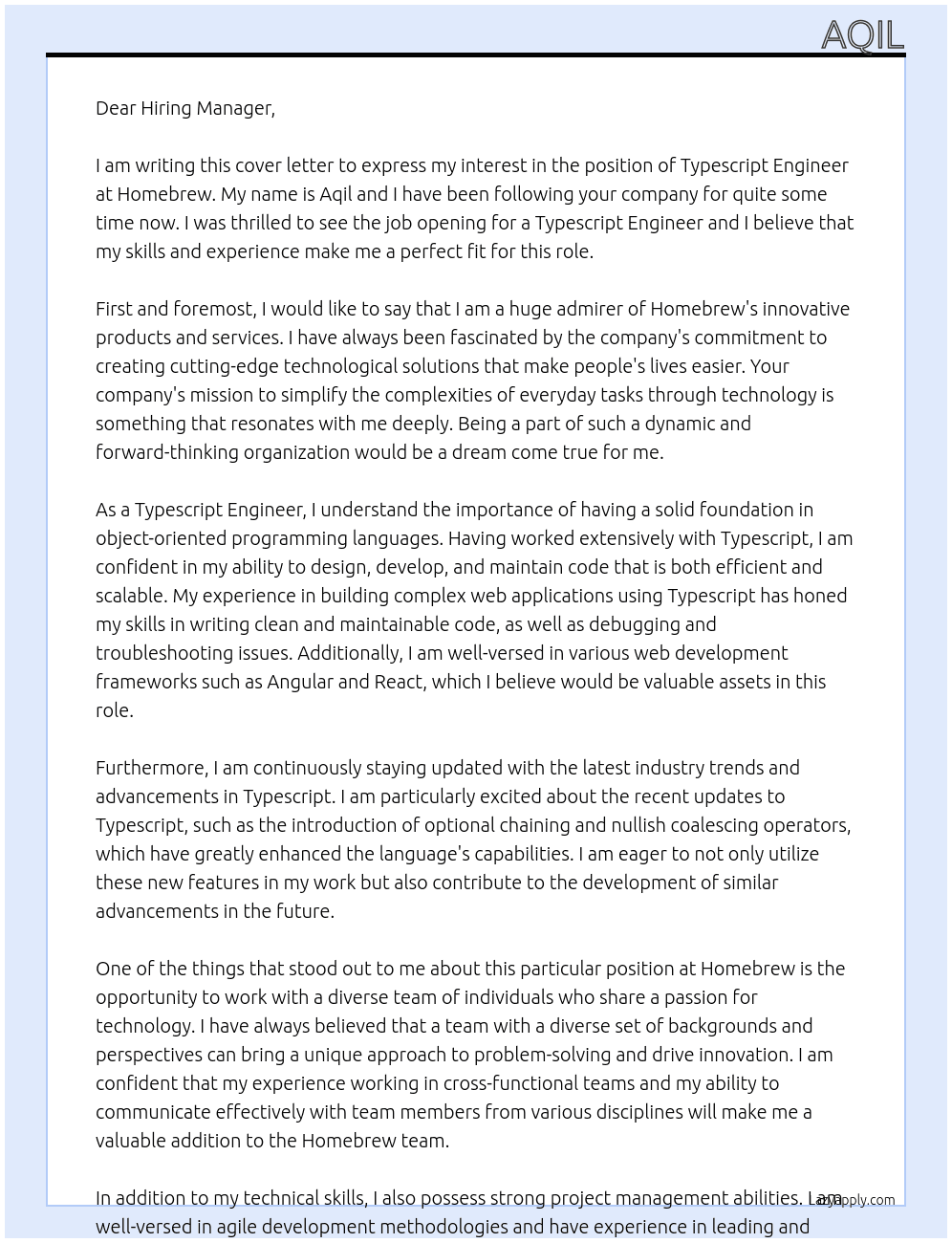 Typescript Engineer At Homebrew Cover Letter