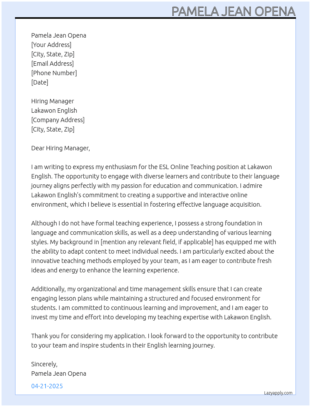 ESL Online Teaching No Experience At Lakawon English Cover Letter
