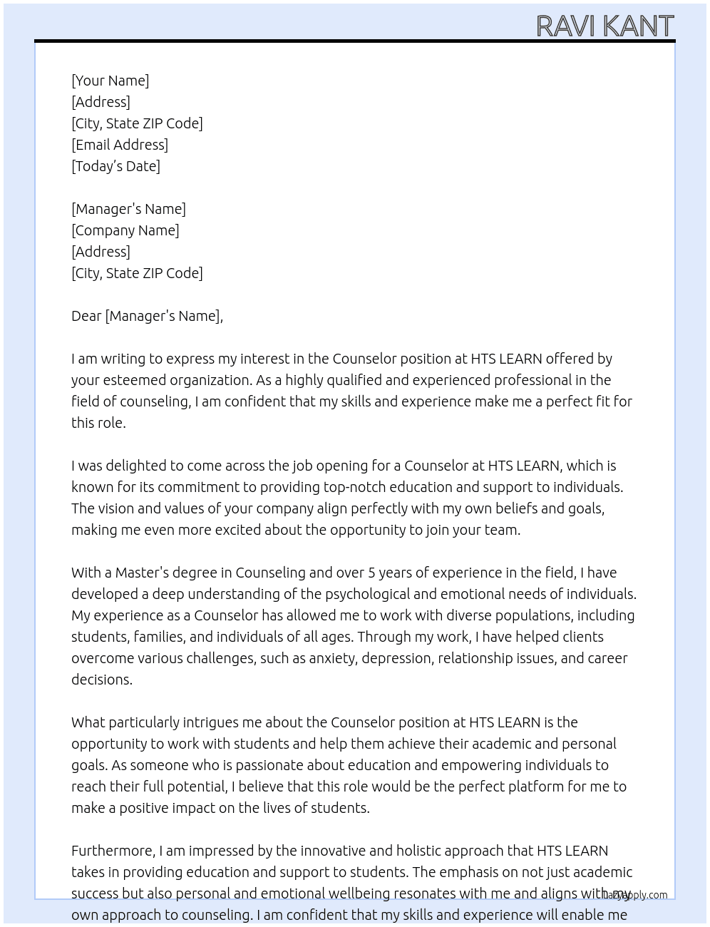 Counselor  At HTS LEARN  Cover Letter