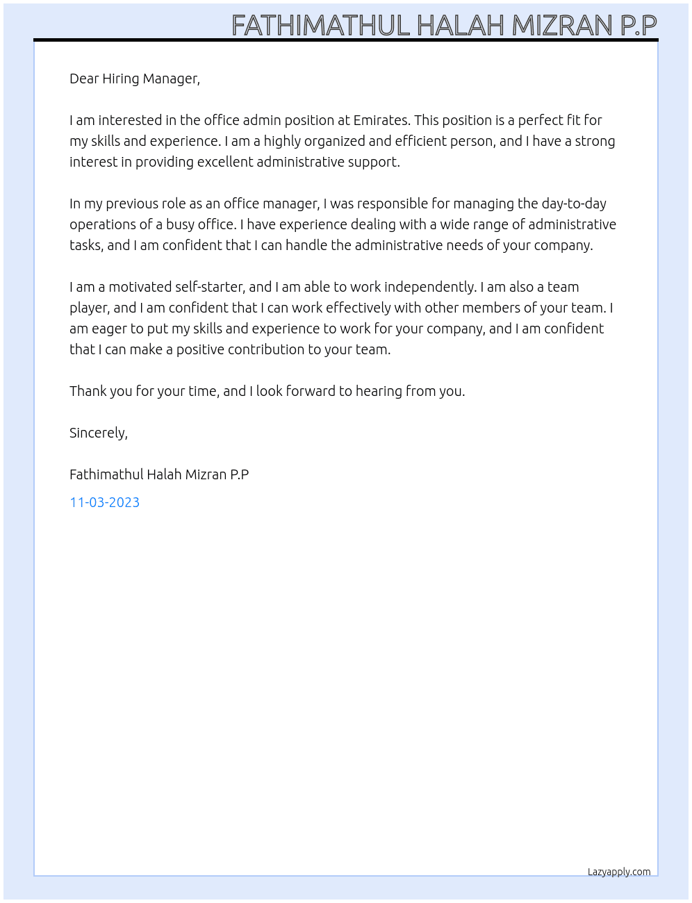 Office admin At Emirates  Cover Letter