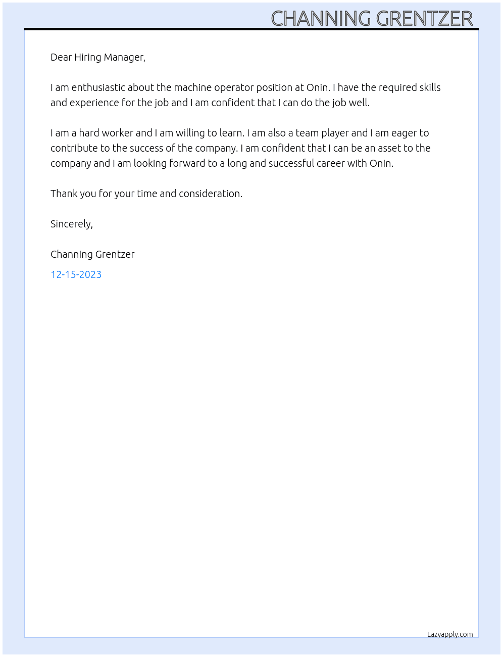 Machine operator At Onin  Cover Letter