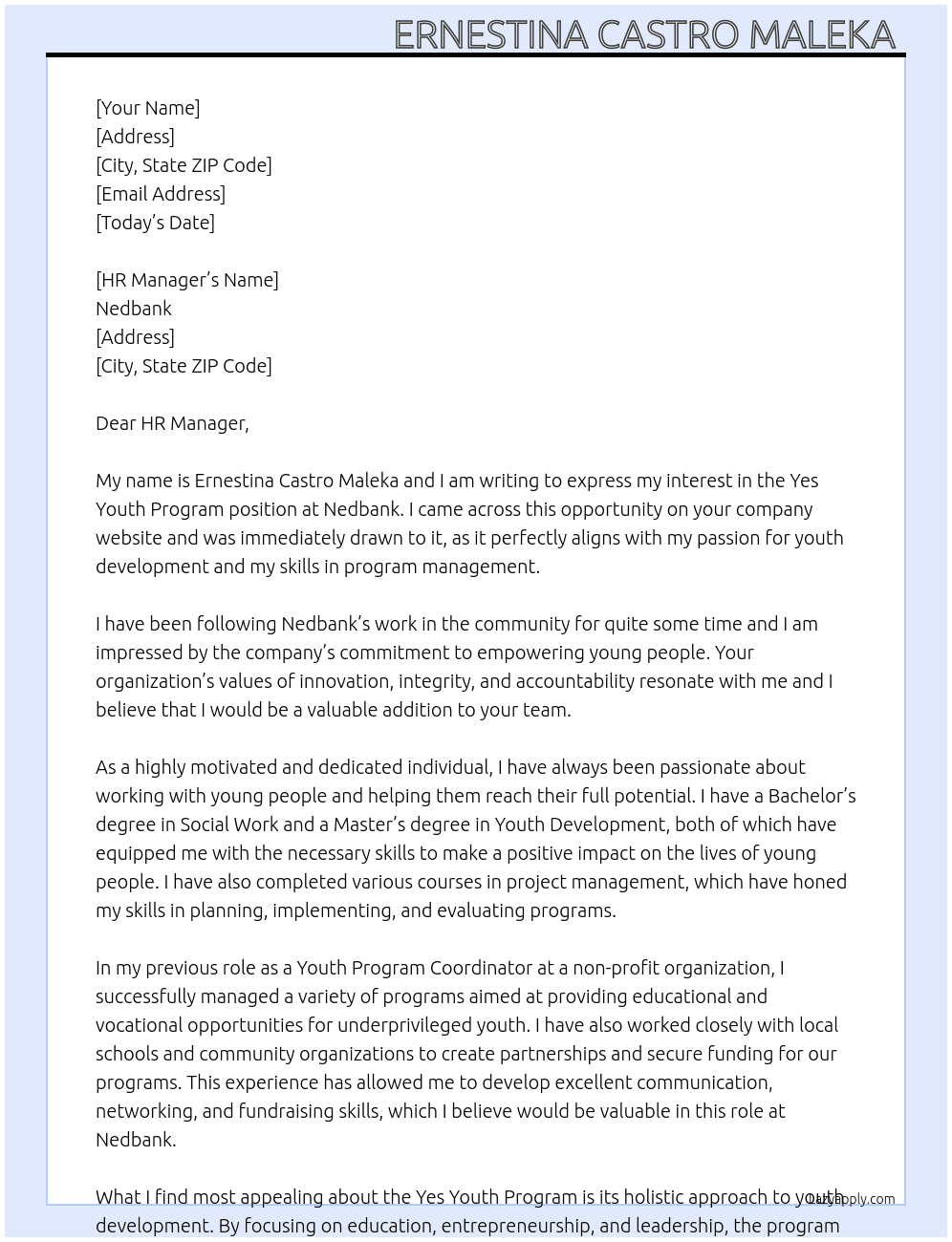Yes youth program  At Nedbank  Cover Letter