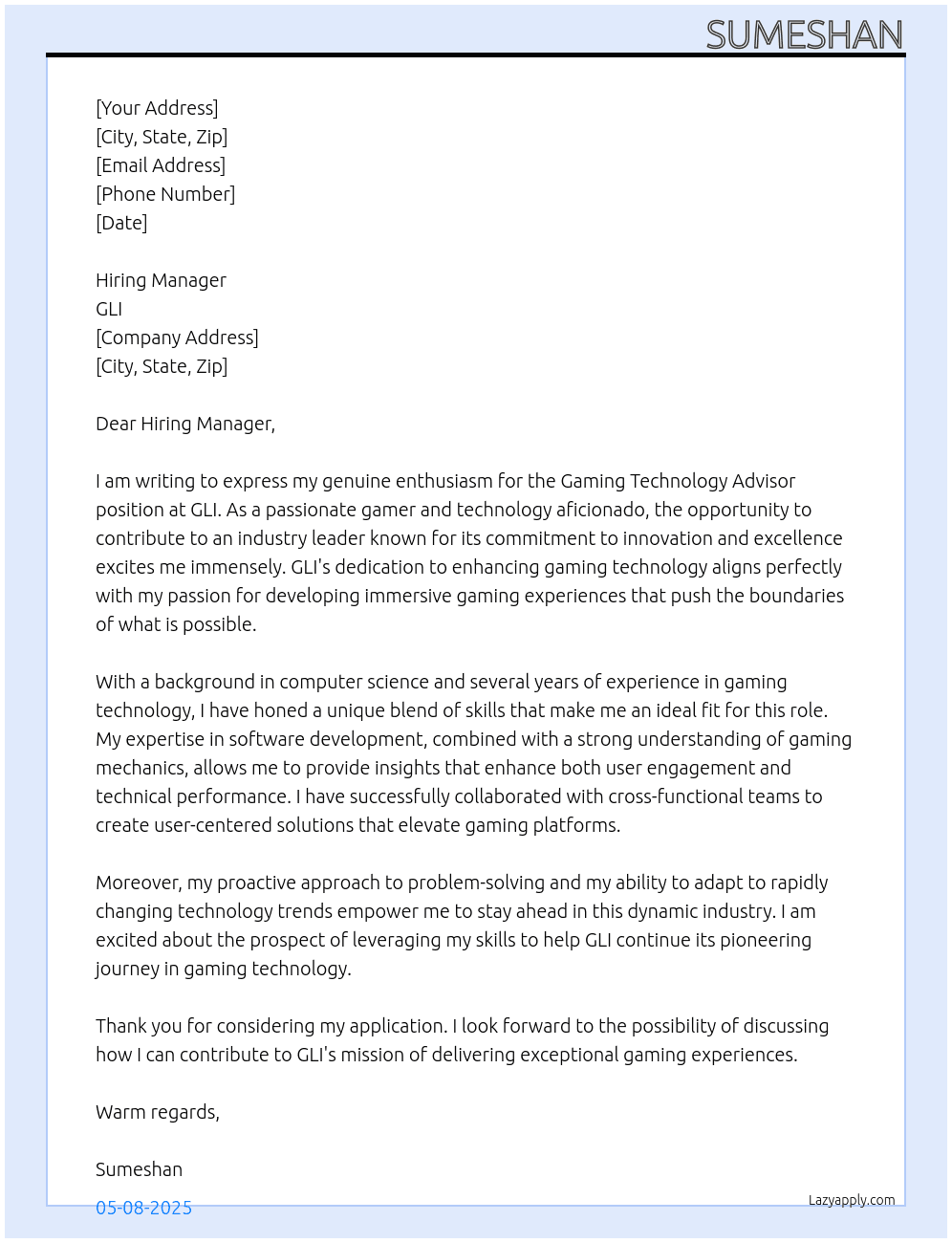 Gaming Technology Advisor At GLI Cover Letter