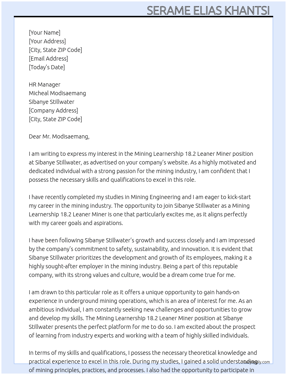 Cover letter for mining learnership 18.2 leaner miner - LazyApply
