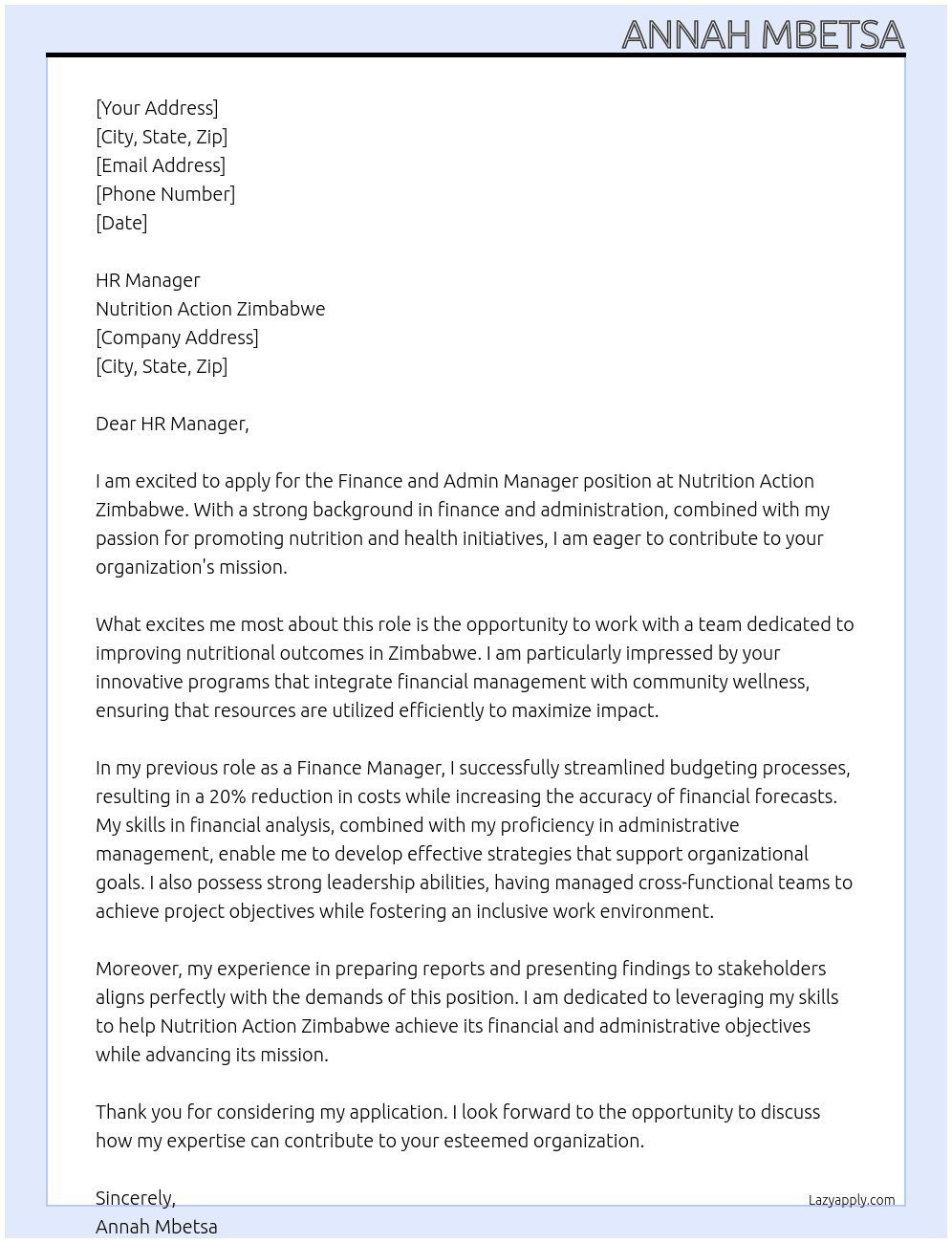 Finance and Admin Manager At Nutition Action Zimbabwe Cover Letter