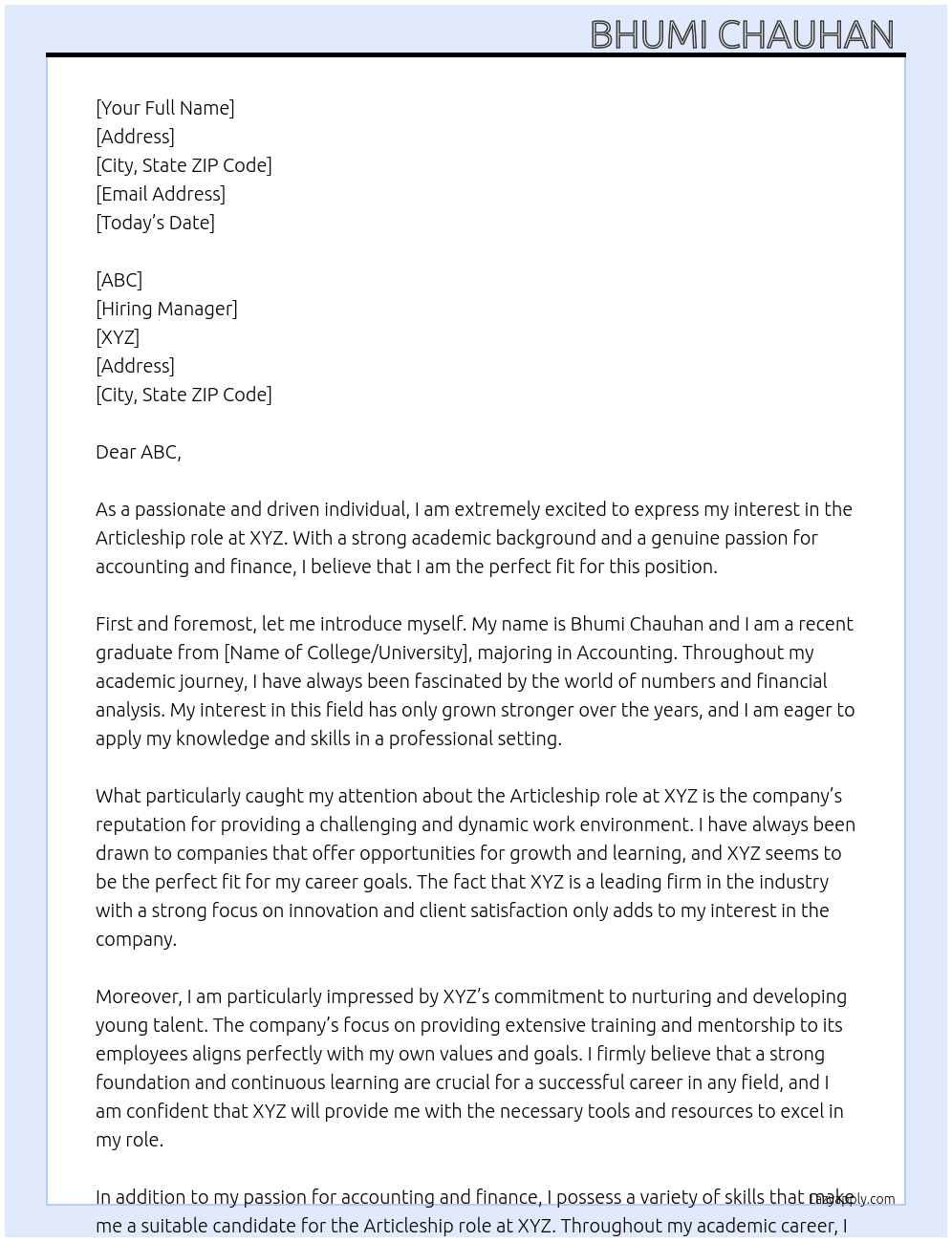 Articleship  At XYZ Cover Letter