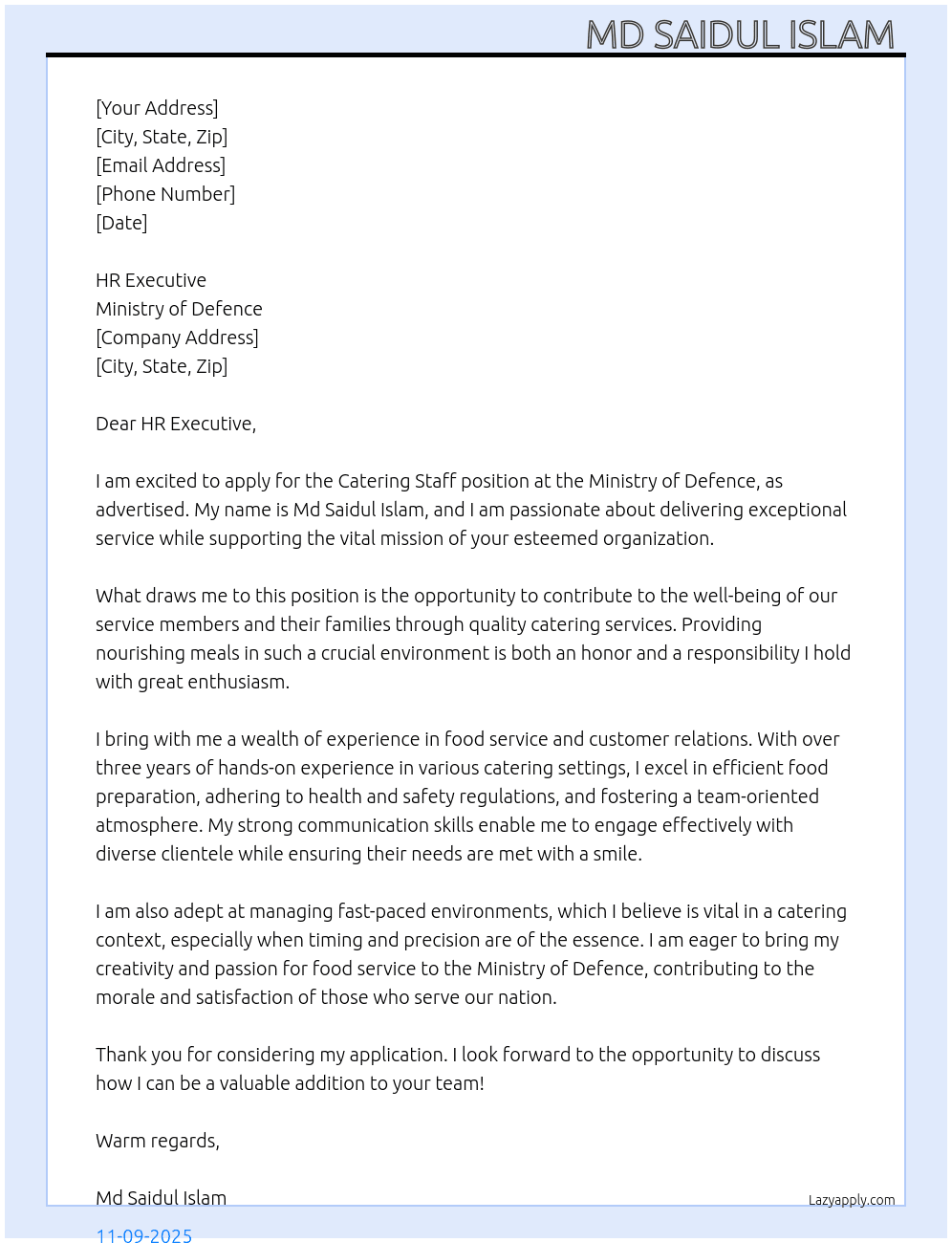 Catering Staff  At Ministry of Defence  Cover Letter
