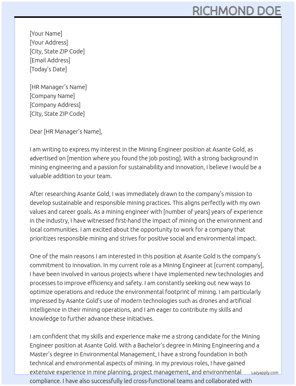 mining engineer At 	asante gold Cover Letter