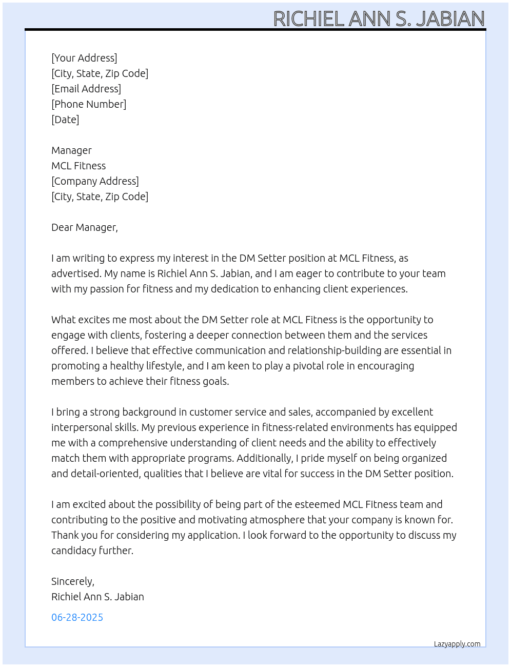 DM Setter At MCL Fitness Cover Letter