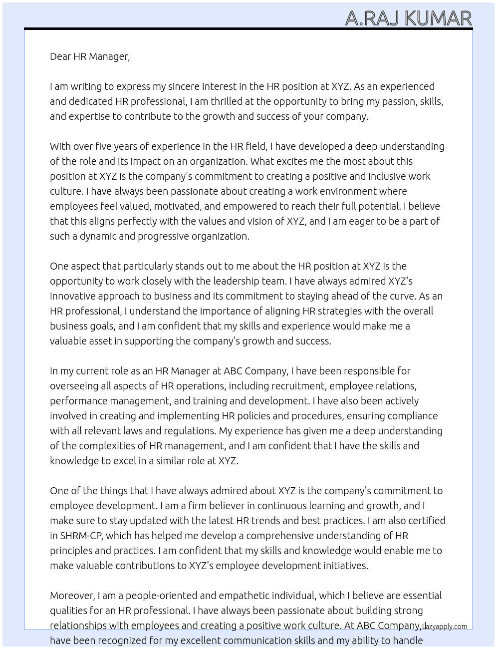 HR At XYZ Cover Letter