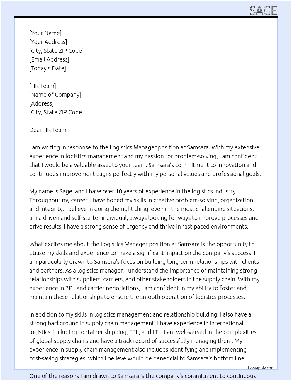 Logistics Manager At Samsara Cover Letter