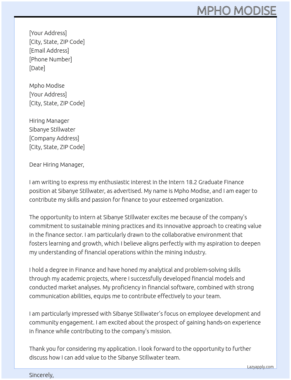 Cover letter for intern 18.2 graduate finance - LazyApply