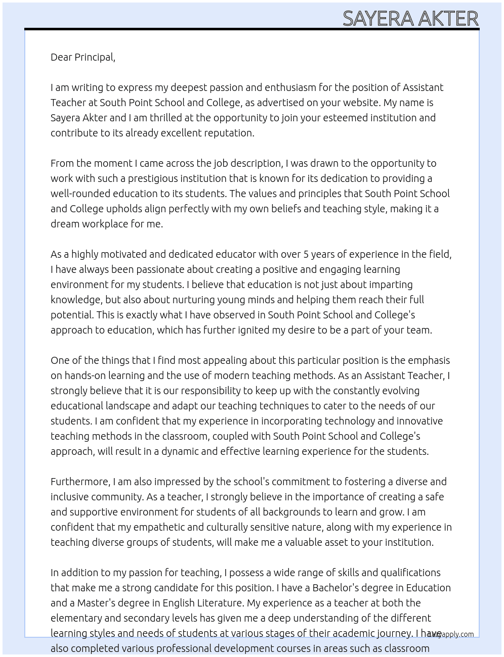 Assistant Teacher  At South Point School and College Cover Letter