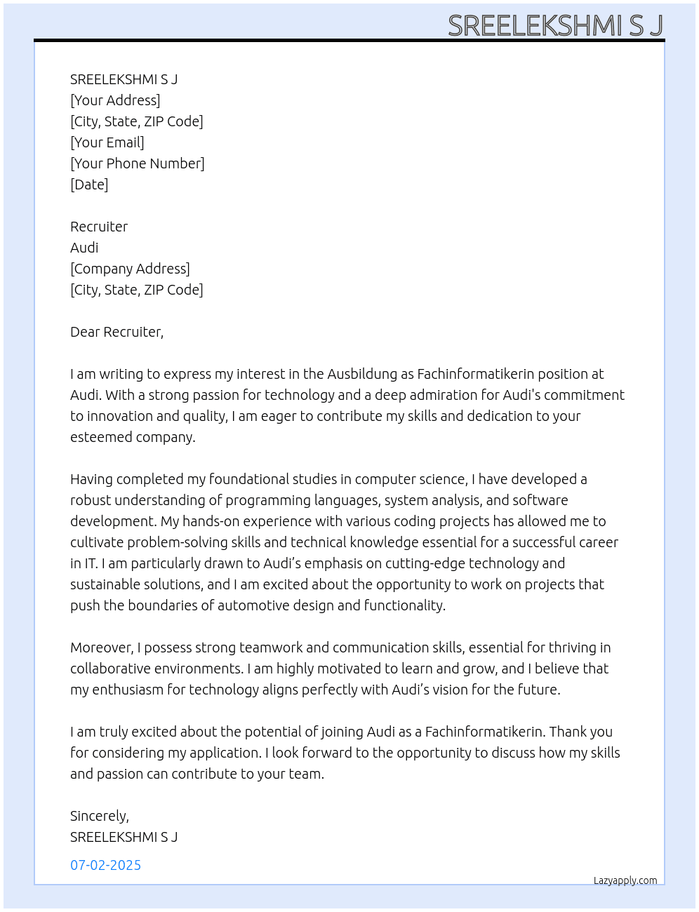 ausbildung  as fachinformatikerin  At Audi Cover Letter