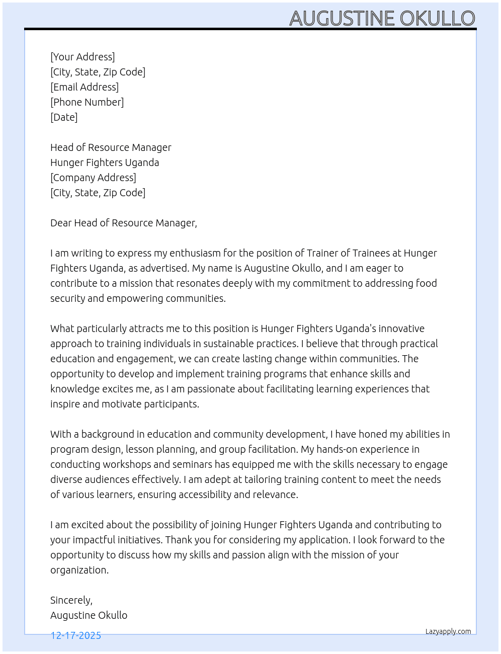 TRAINERS OF TRAINEE At Hunger fighters uganda Cover Letter