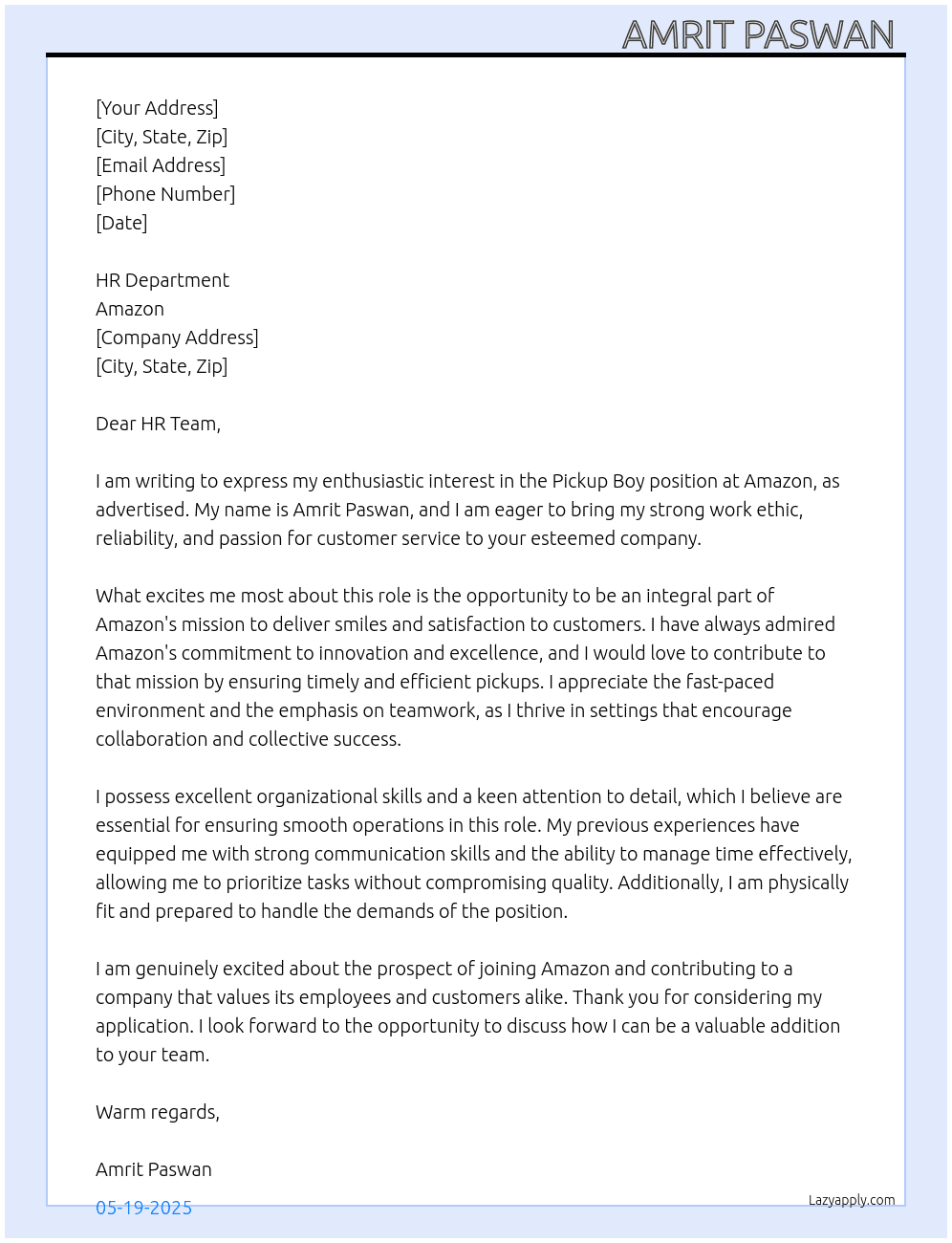 Cover letter for pickup boy - LazyApply